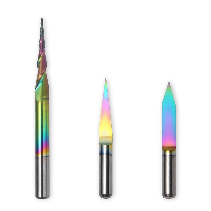 Genmitsu 3PCS V-Shape Tapered Ball Nose End Mills for Aluminum, Copper, Brass Engraving and Other Metals Carving, Chromatic Coating CNC Bits, 1/8''(3.175mm) Shank, EM03A - Image 1